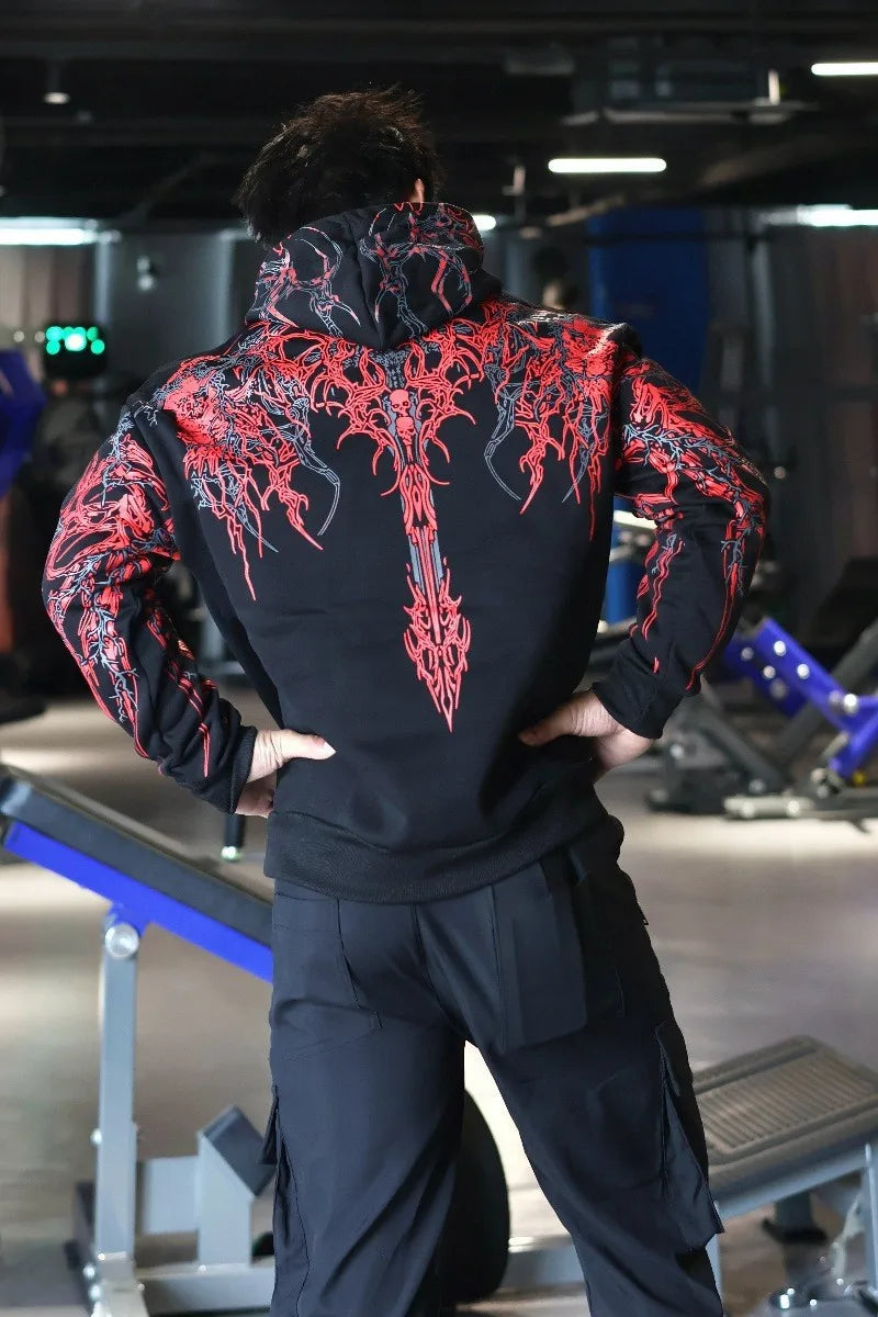 Apex Ritual – Men's Dark Floral Hooded Sweatshirt – Oversized American Streetwear Fitness Pullover