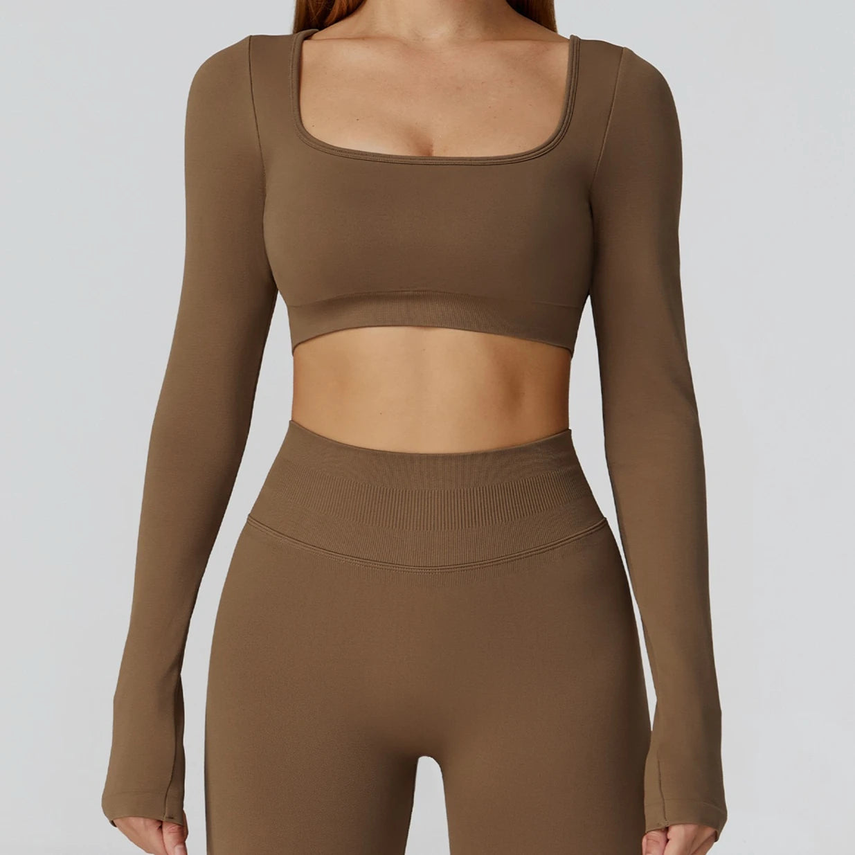 Apex Ritual – Seamless Quick-Dry Sportswear – Women's Square Neck Gym Crop Top & Long Sleeve