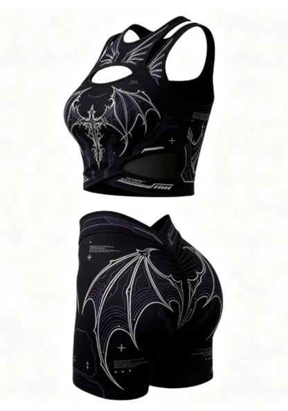 Apex Ritual – Women's Dragon Print 2-Piece Gothic Set – Cutout Tank Top & High-Waist Shorts