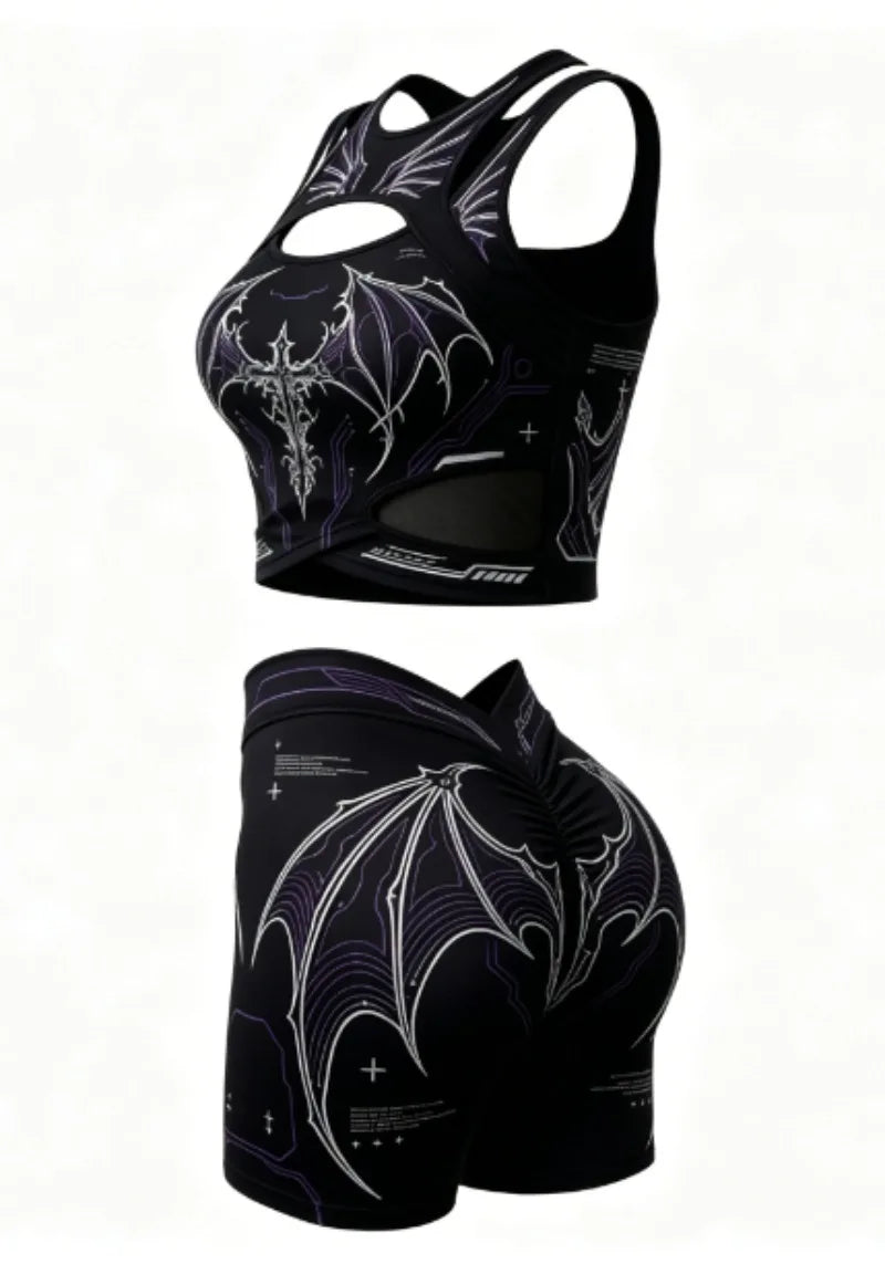 Apex Ritual – Women's Dragon Print 2-Piece Gothic Set – Cutout Tank Top & High-Waist Shorts