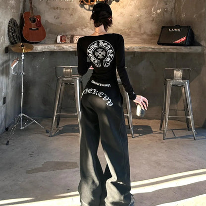 Apex Ritual – American Style Long Sleeve Round Neck Slim Casual Pants Set – Letter Print Ensemble