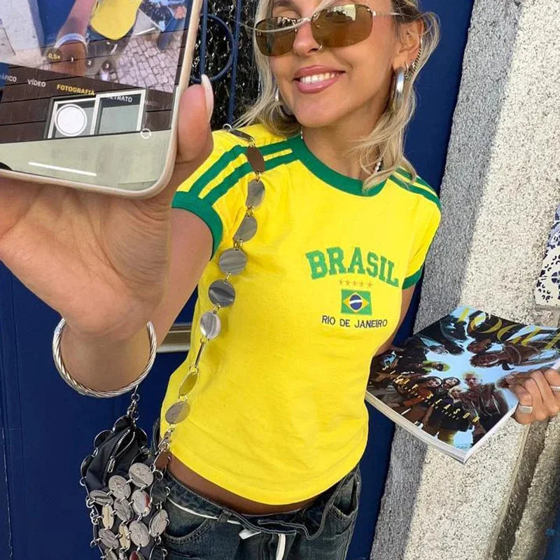 Apex Ritual – Women's Brasil Letter Crop Top & Shorts Set – Y2K Vintage Grunge Summer Suit