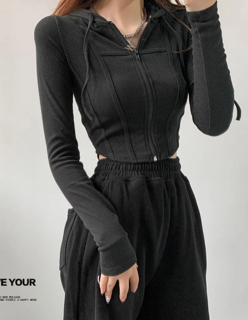 Apex Ritual – Thin Hooded Cardigan Women – Korean Vintage Slim Summer Striped Zipper Crop Top