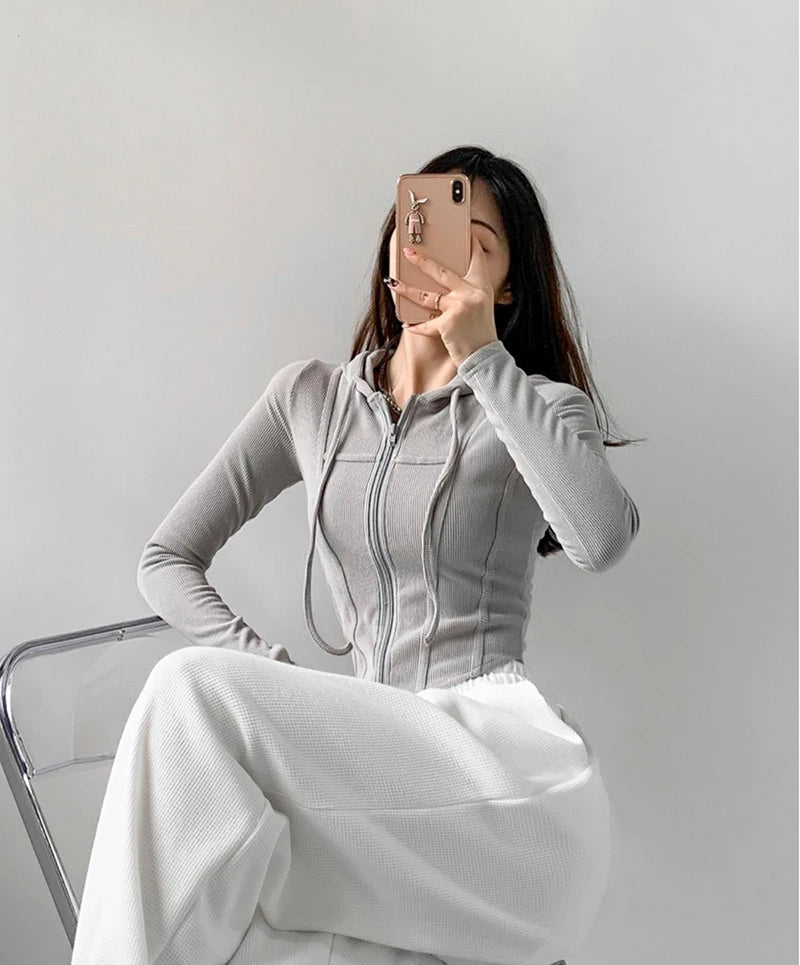 Apex Ritual – Thin Hooded Cardigan Women – Korean Vintage Slim Summer Striped Zipper Crop Top